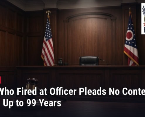 Fostoria News Courtroom with American and Ohio flags, empty judge's bench, and Fostoria Free Press logo.